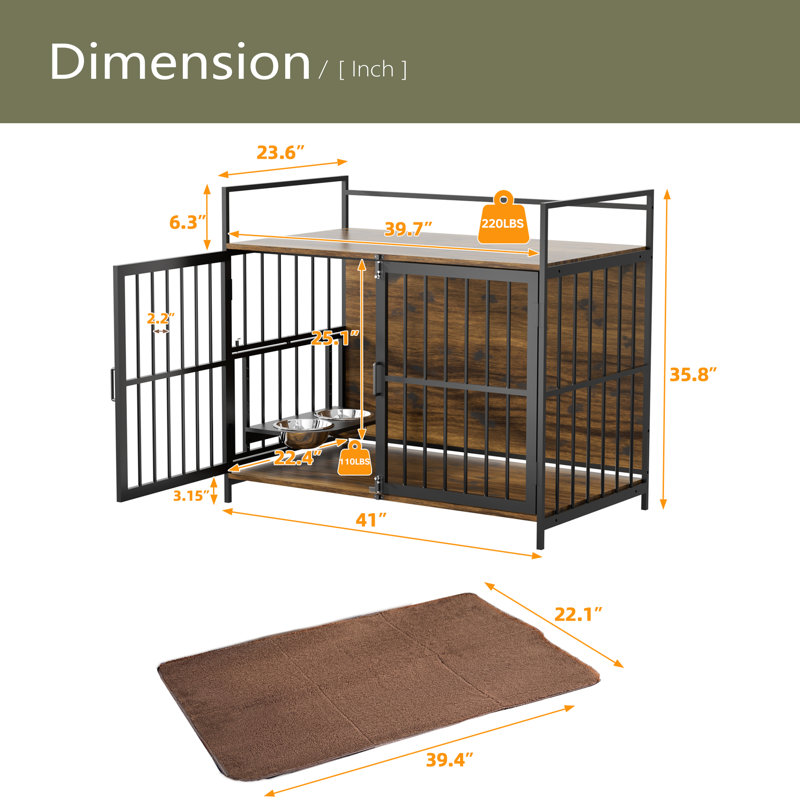 Mobilier de cage pour chien avec coussin, chenil d'intérieur avec bols rotatifs, cage de chiot d'intérieur robuste pour chiens de taille moyenne à grande