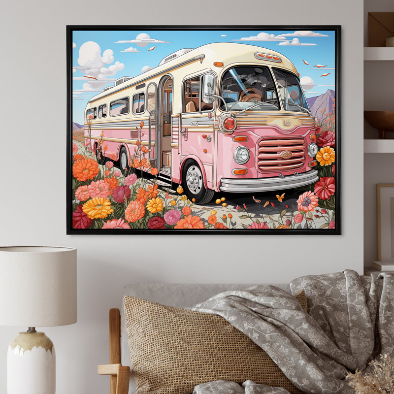 «Pink Camping Van Desert Getaway I», art mural de voyage en camping, Cadre flottant noir, H 34 po x l 44 po x P 1,5 po