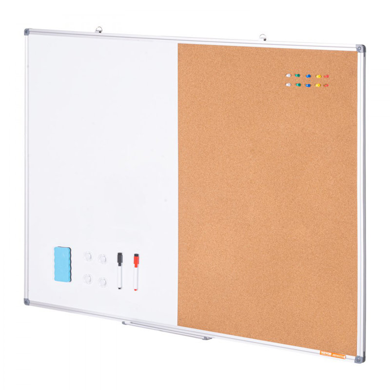 Whiteboard & Cork Board Combo with Aluminum Frame – 2-in-1 Magnetic Dry Erase Bulletin Board for Wall Mount – Ideal for School, Home, Office