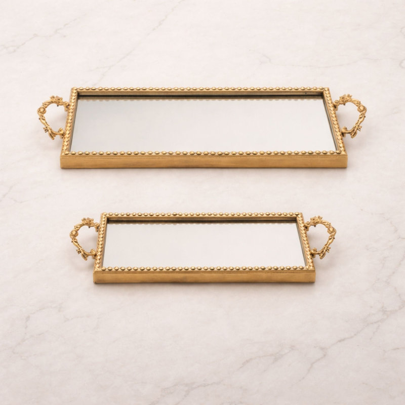 Gold Beaded Mirror Tray (Set of 2)