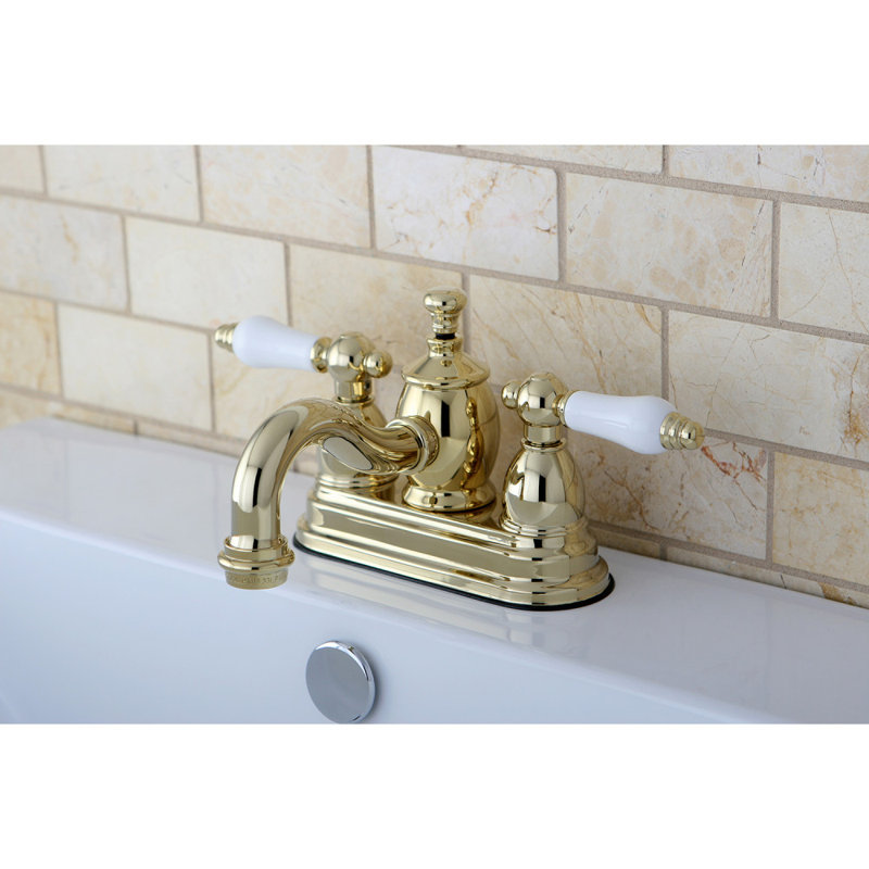 Kingston Brass English Country Two-Handle 3-Hole Deck Mount 4" Centerset Bathroom Faucet with Brass Pop-Up, Polished Brass
