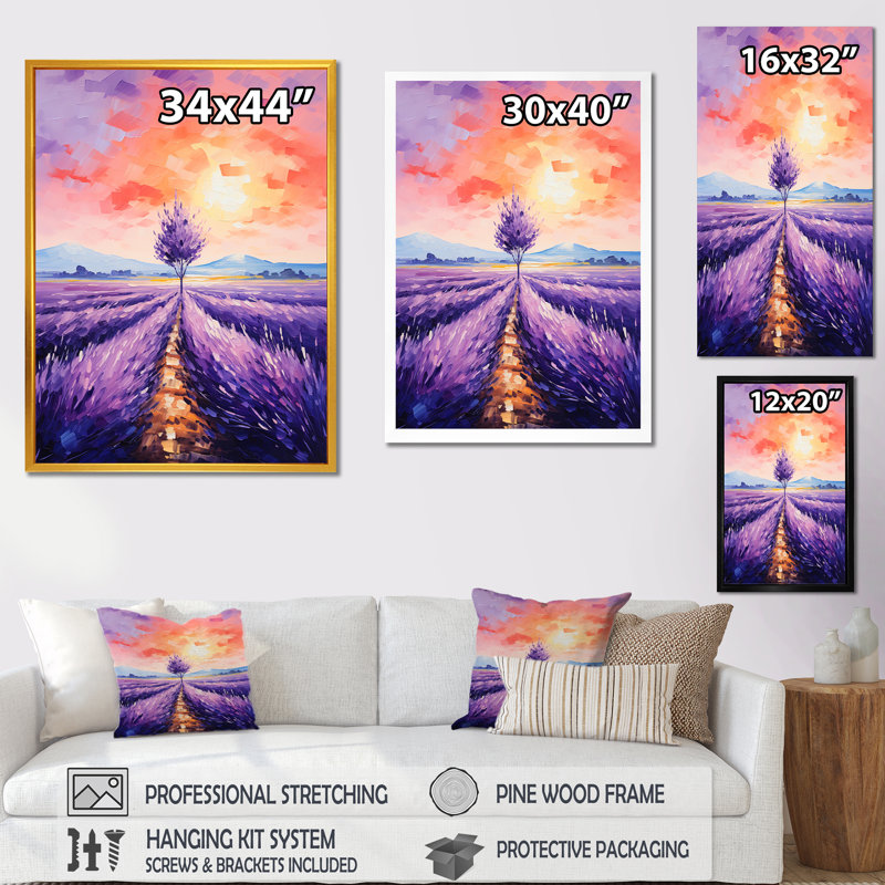 Lavande mauve, champs au lever du soleil - chardon, art mural, Cadre photo argenté, H 32 po x l 16 po x P 1 po