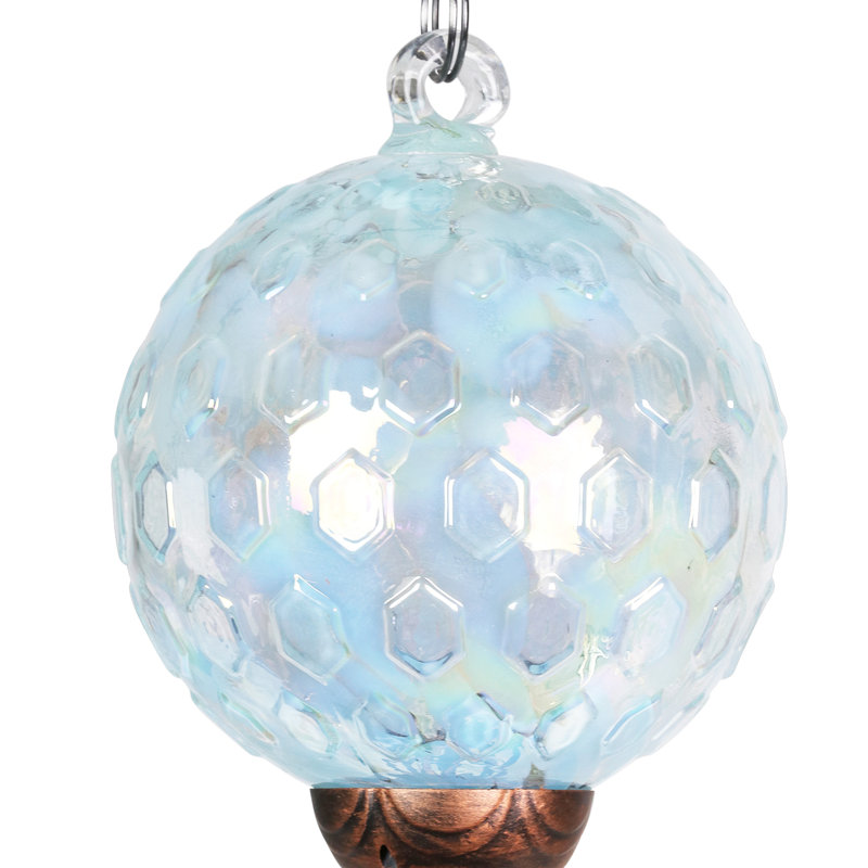 Light Blue Solar Pearlized Honeycomb Glass Wind Chime with Metal Finial