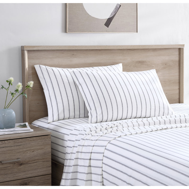 Rennes Percale Striped Sheet Set, Ivory, Queen Sheet Set with Fitted Sheet and Pillowcase