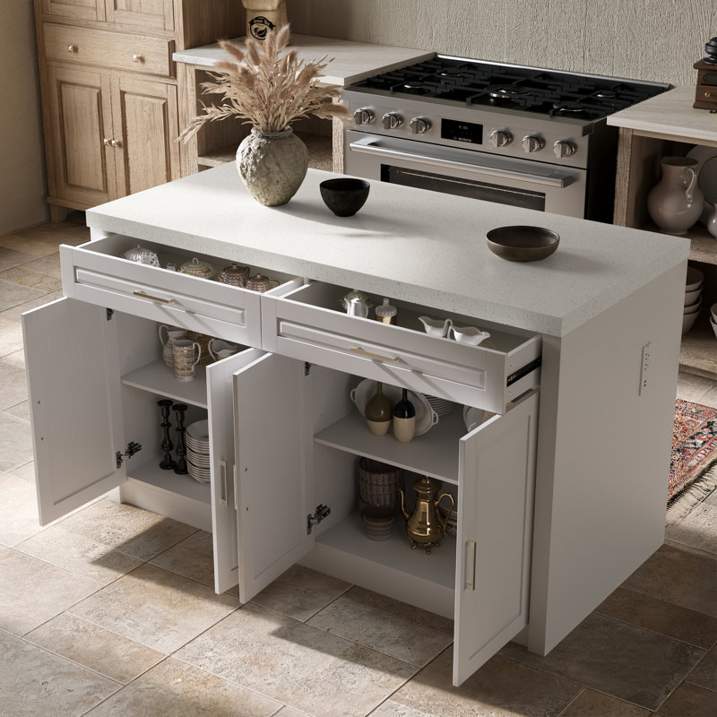 Modern 61"W Kitchen Island With Adjustable Shelves, White/White