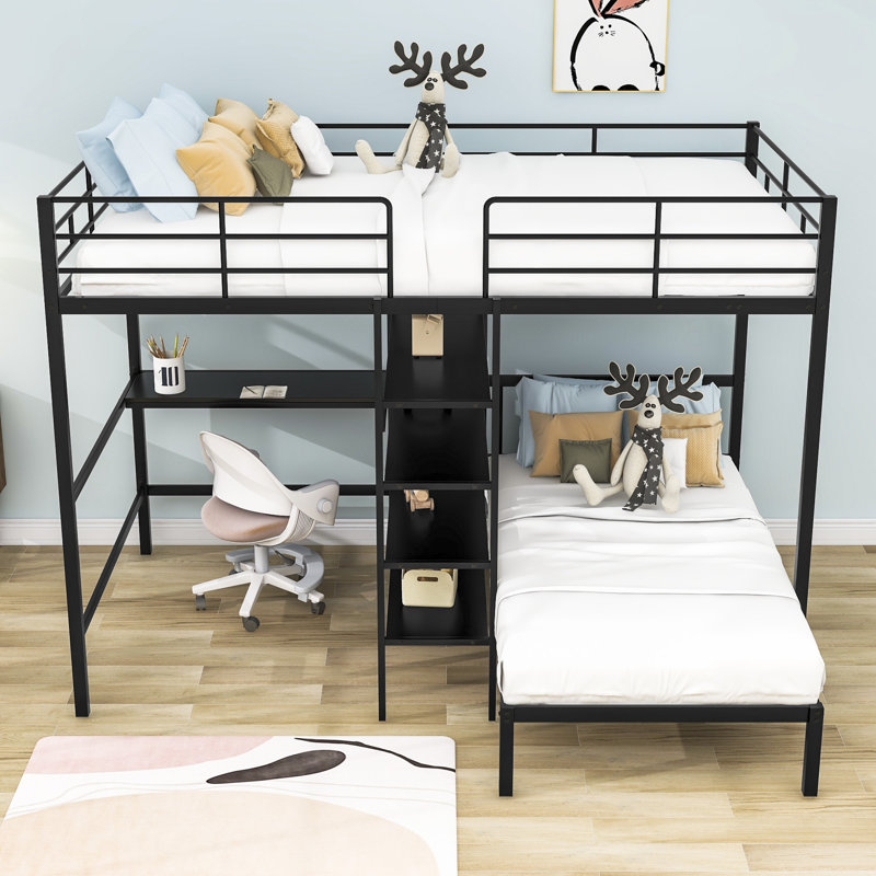 Adelline Kids Full Over Twin Metal Bunk Bed with Built-in Desk and Shelves, Black