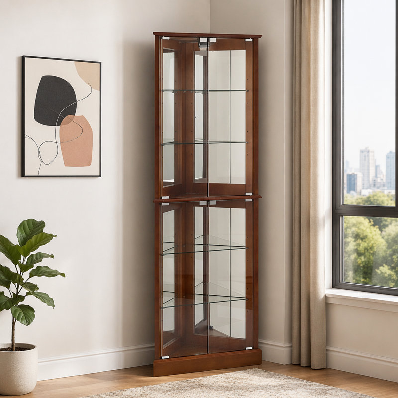 Armoire de coin avec lumières, tablettes réglables en verre trempé, fond en miroir, noyer, H 72 cm x l 13 cm x P 26 cm
