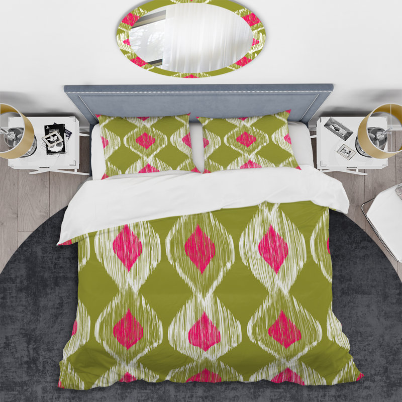 Motif ikat vert - ensemble de housse de couette abstrait - microfibre de polyester