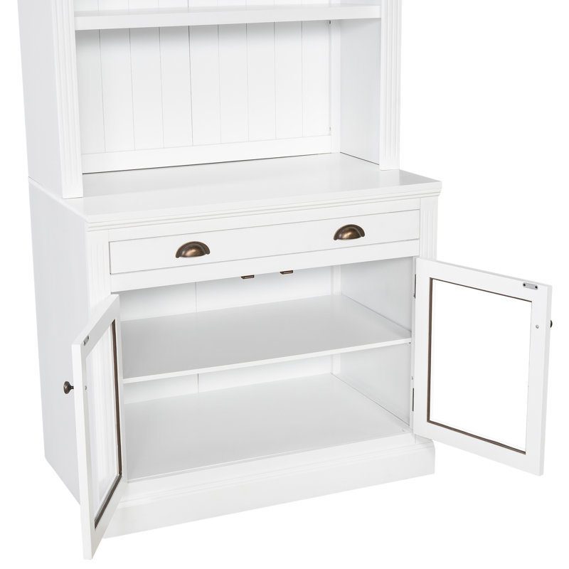White Modern 83.4" Tall Bookcase With 2 Tempered Glass Doors, 1 Drawer, Adjustable Shelf And - Oxidation Drawer Hardware Solid Wood, Board Rectangle 3 Open Shelves For Bedroom Organization Wood
