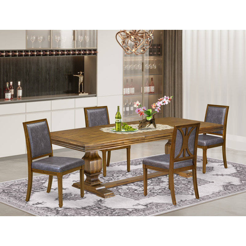 L'ensemble de table de salle à manger 5 pièces comprend une table de salle à manger moderne et 4 chaises de cuisine en similicuir gris foncé à haut dossier - finition noyer antique