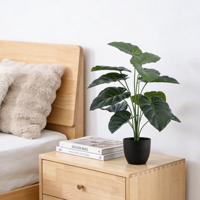 24 po de hauteur, plante artificielle, pot Alocasia avec pot de fleur en plastique noir pour décoration de jardin