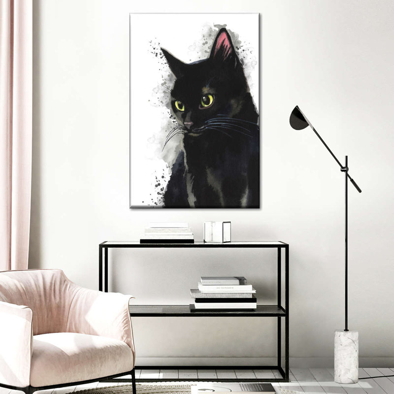 Simple chat noir sur toile, H 48 po x l 32 po x P 1,25 po