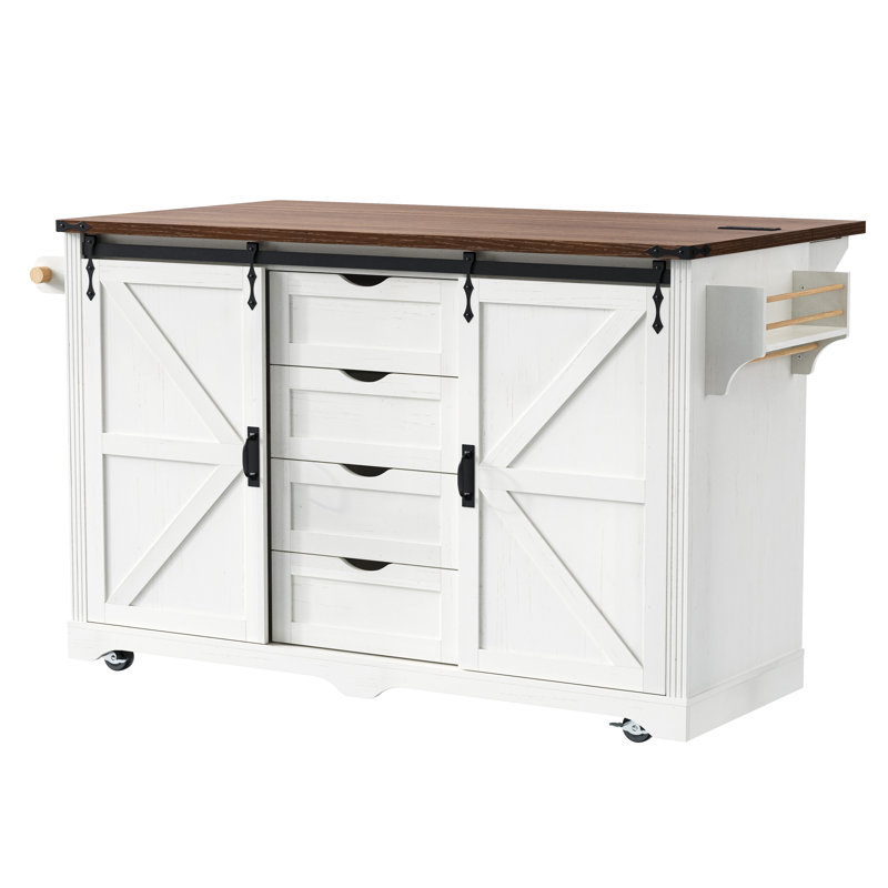 Îlot de cuisine de style campagnard de 72 pouces avec double espace de rangement pour mini-réfrigérateur et prise électrique, meuble bar à café roulant sur roulettes avec abattant, 4 tiroirs et portes coulissantes de style grange