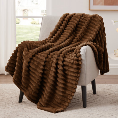 EXQ Home Stripe Jacquard Throw Blanket Brown for Couch Gentle Soft Fleece