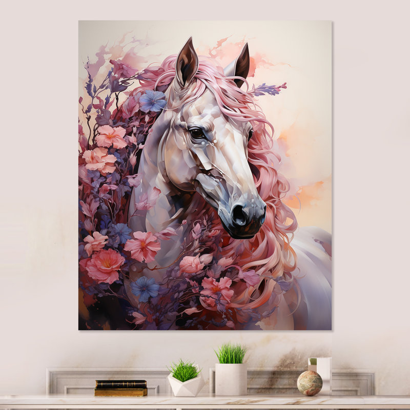 «Pink Enchanted Horse Fairies I» - art mural en métal fées, H 20 po x l 12 po x P 1 po