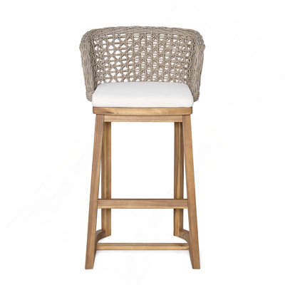 Outdoor Acacia Wood Counter Height Bar Stools with Cushion & Curved Wicker Back for Patio Poolside Kitchen Island