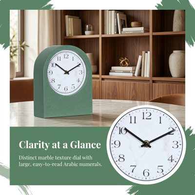 ENDORDAKA Arched Metal Table Clock, Silent Non-Ticking Quartz Desk Clock, Faux Marble Texture Analog Clock, Vintage Farmhouse Decor Shelf Clock for Living Room Bedroom Office, Battery Operated (Green/White)