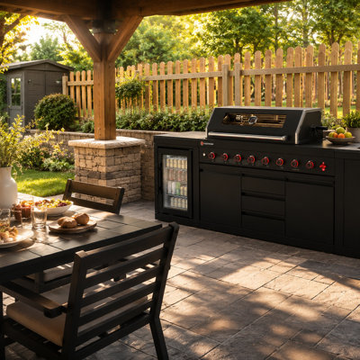 Vestivium 3-Piece Modular Outdoor Kitchen Island Set – Premium Black Stainless Steel With 6-Burner Gas Grill, Side Burner, Rear Infrared Burner, Sink, Refrigerator & Black Galaxy Granite Countertop