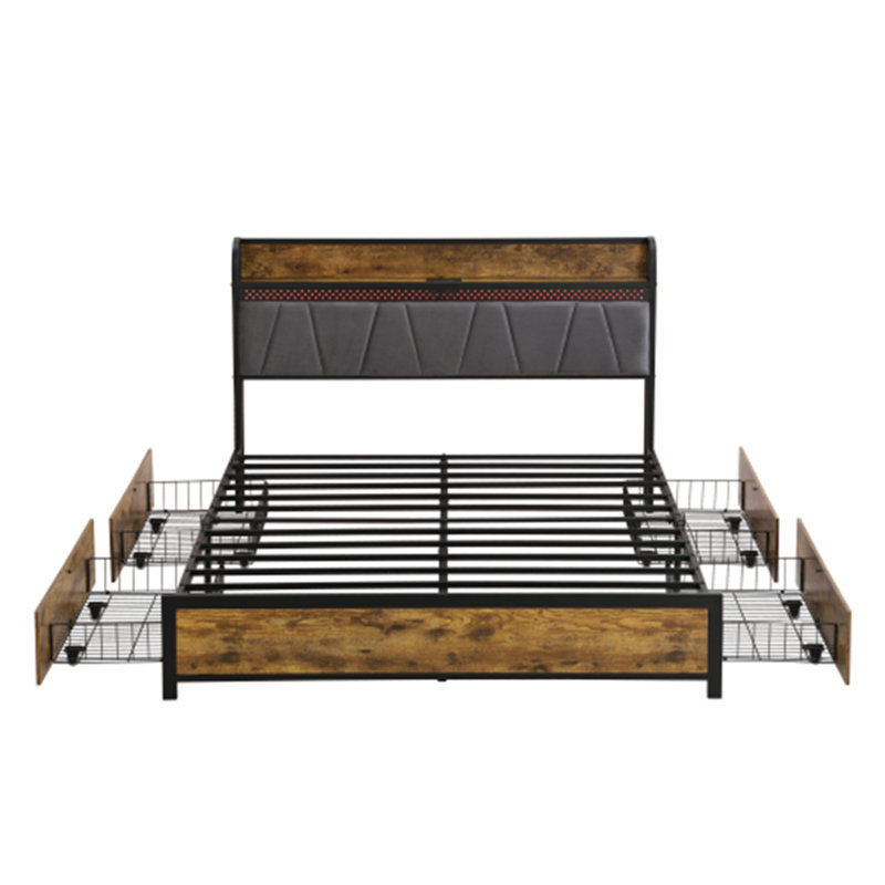 Structure de lit plateforme en métal avec tête de lit tapissier (doublure USB, tiroirs de pied de lit), sans sommier, grand rangement sous le lit, assemblage facile