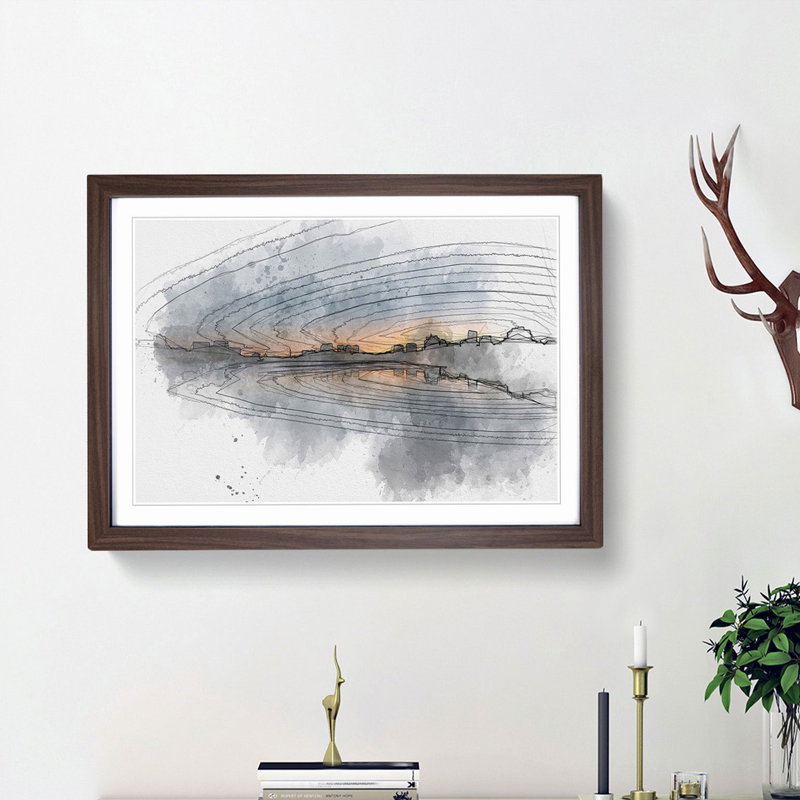 Cambridge Massachusetts Skyline in Abstract - Picture Frame Graphic Art Print, 27cm H x 36cm W x 2cm D, Walnut Framed