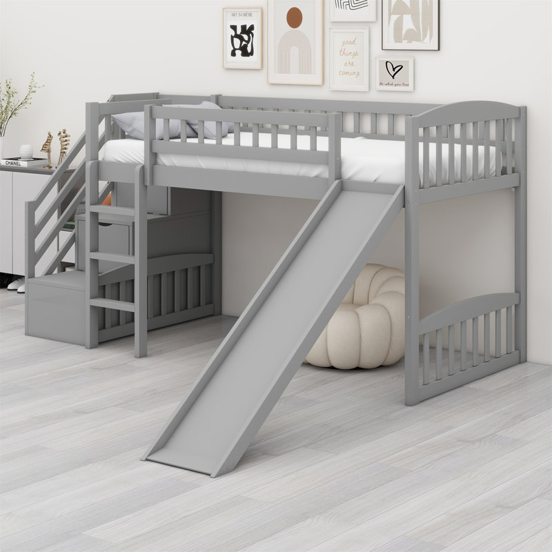 Loft Bed With Stairway And Slide, Gray