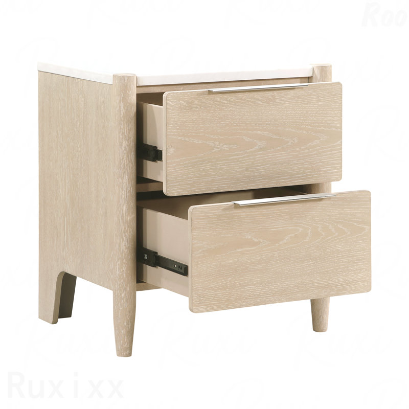 Table de chevet 2 tiroirs en chêne clair, mobilier de chambre moderne avec ports de recharge et plateau en marbre
