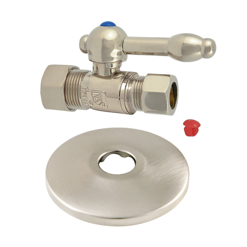 Kingston Brass 5/8-Inch OD Comp x 1/2-Inch OD Comp Quarter-Turn Straight Stop Valve with Flange, Brushed Nickel