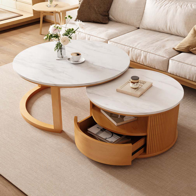 Table basse ronde avec plateau en marbre blanc, rangement à 2 niveaux et 1 tiroir
