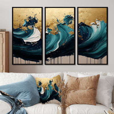 Pierre émeraude sur bruine rythmique dorée I - encre liquide, art mural - 3 pièces