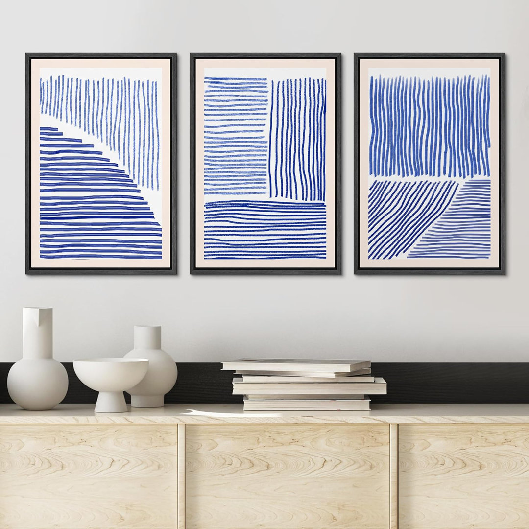Navy Blue Geometric Abstract Color Block Lines Minimalist Framed On Canvas 3 Pieces Print Wall Art IDEA4WALL Frame 