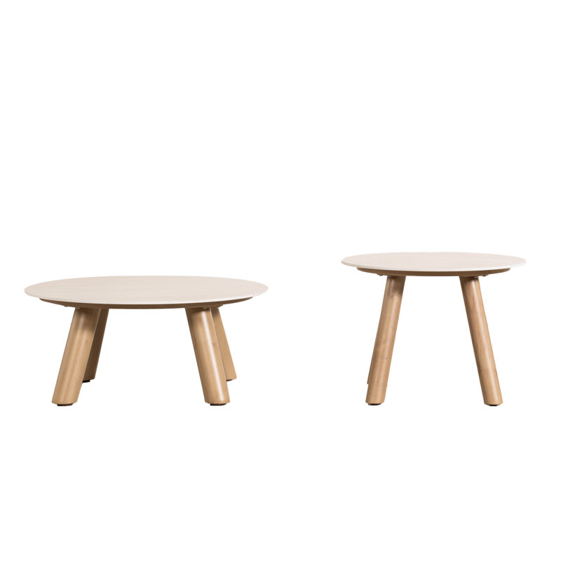 Ensemble de 2 tables basses gigognes d'extérieur avec dessus en pierre frittée, structure en aluminium grain de bois, tables d'appoint de patio