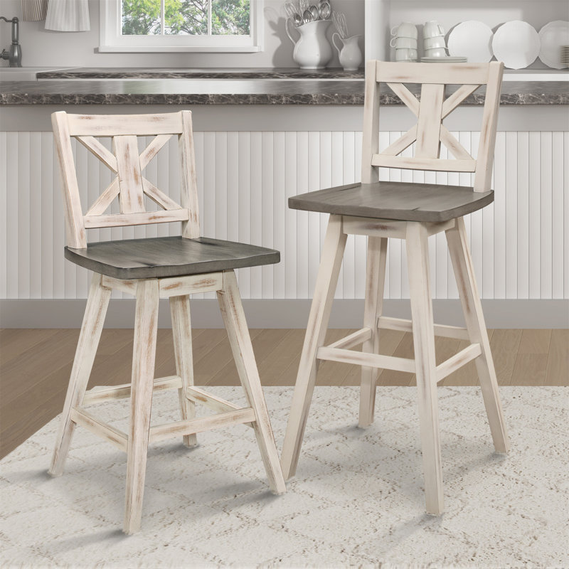 Ensemble de 2 chaises à hauteur de comptoir, chaise de salle à manger pivotante à 360 degrés en bois d'hévéa massif gris-blanc, dossier en X