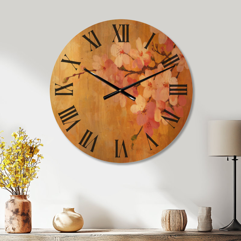 Très grande horloge murale en bois de cerisier en fleurs - lumière dorée Sakura, Grand