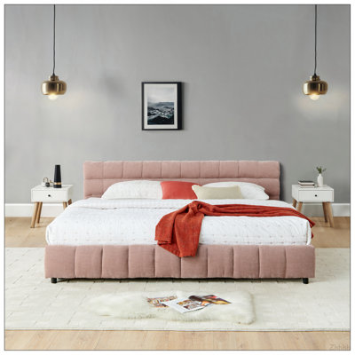 Lit tapissier très grand californien, base de lit rembourrée confortable, tissu chenille, avec tête de lit et base de lit solide. Avec tiroir de rangement - rose (90,5 po x 80,5 po x 31 po)