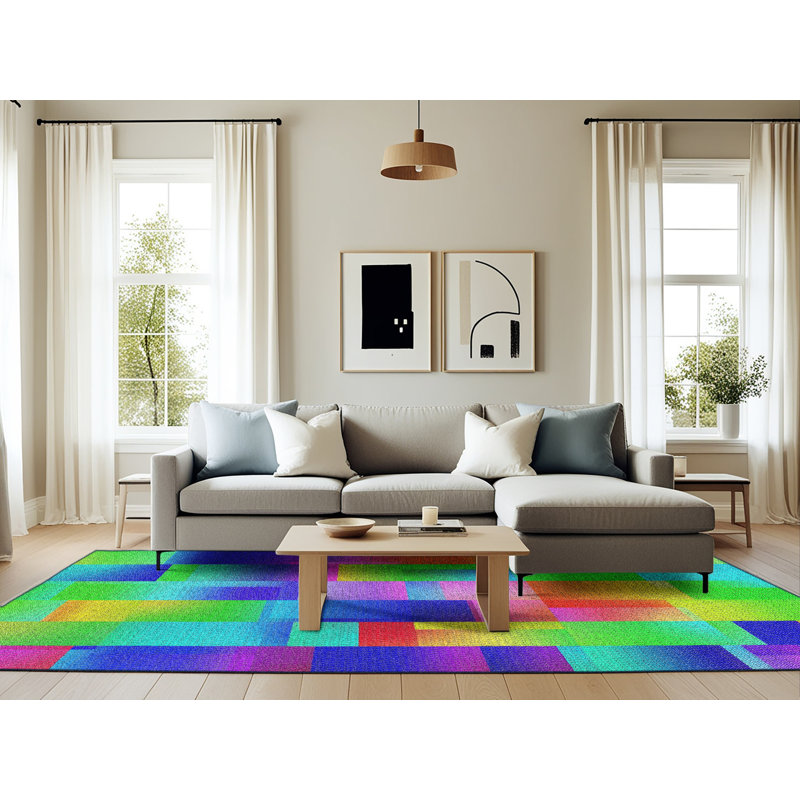 Tapis jaune/vert/rouge tissé à la machine, Rectangle 6 pi x 9 pi