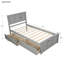Lit plateforme simple avec 2 tiroirs et roulettes, finition grise, bois massif et matériau de roulement