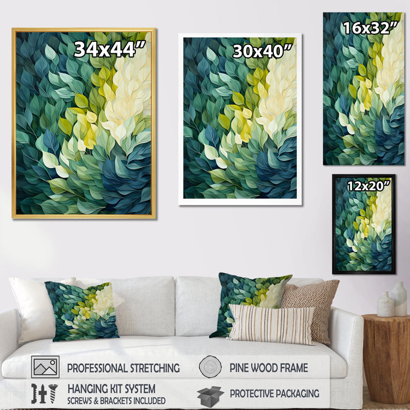 Leaves Green River Collage On Canvas Print, 44" H x 34" W x 1.5" D, Silver Floater Framed