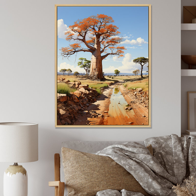 Art africain sur toile, "Baobab africain", Cadre naturel flottant, H 32 po x l 16 po