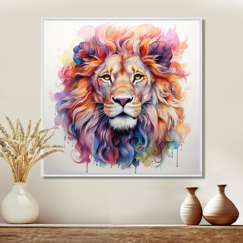 Portrait de lion royal coloré - Art mural lion, H 16 po x l 16 po x P 1 po, Cadre flottant blanc
