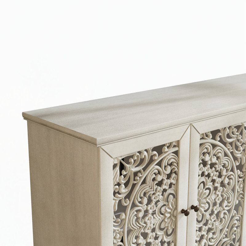 4-Door Antique Storage Cabinet with Adjustable Shelves and Floral Carvings, Antique White