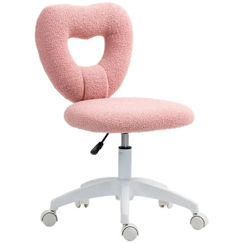 Chaise de bureau pivotante à dossier en forme de cœur rose, revêtue de polaire douce et réglable en hauteur, avec vérin à gaz de classe 3, idéale pour le travail à domicile ou la coiffeuse.