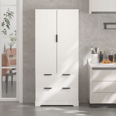 72 Inch Modern Fluted Kitchen Pantry Cabinet with 2 Large Drawers
