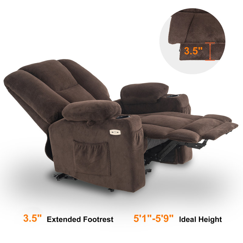 Fabric Electric Power Recliner Chair with Heat and Massage, USB Charge Ports, Extended Footrest, Brown Polyester Blend