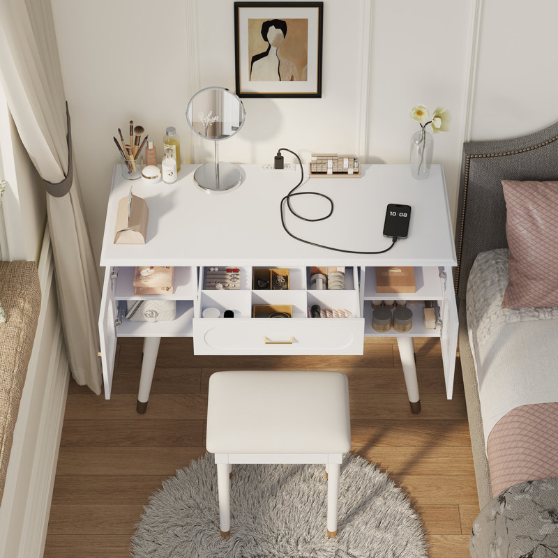 Chic Dressing Table With Ports, Two Cabinets, And Smooth - Gliding Drawer For Organization Makeup Charging, Glass, Legs