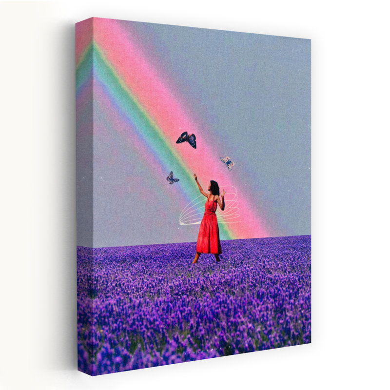 «Woman in Lavender Rainbow», art mural abstrait contemporain avec fleur papillon, H 24 po x l 16 po