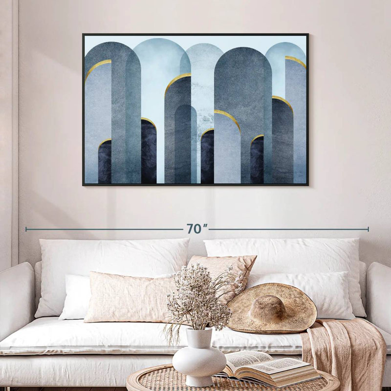 Mid-Century Arches Blue Gold, 46" X 31", Floating Frame Black