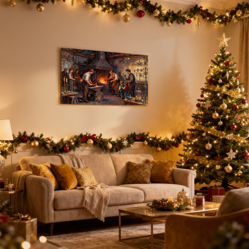 Scène d'atelier de Noël avec ouvriers et enfants, ensemble de 3 impressions sur toile, H 16 po x l 24 po