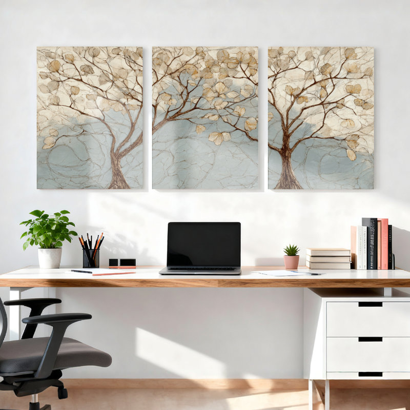 Ensemble de 3 tableaux abstraits sur toile tendue représentant un arbre avec ses feuilles et ses branches, parfaits pour la décoration du salon, de la chambre ou de la maison.