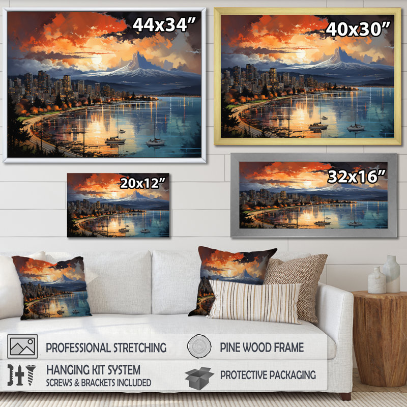 «Cityscape Mountain Twilight II», reproduction d'art sur toile, Cadre simple noir, H 16 po x l 32 po x P 1 po