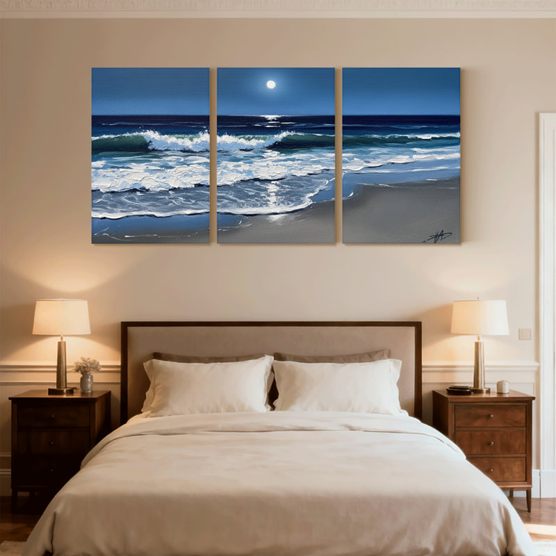 Nautique et plage, vagues de la mer, clair de lune, ensemble de 3 reproductions d'art sur toile, H 18 po x l 36 po